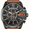 Men'S Diesel | Diesel Men'S Mega Chief Black Tan Chronograph Watch