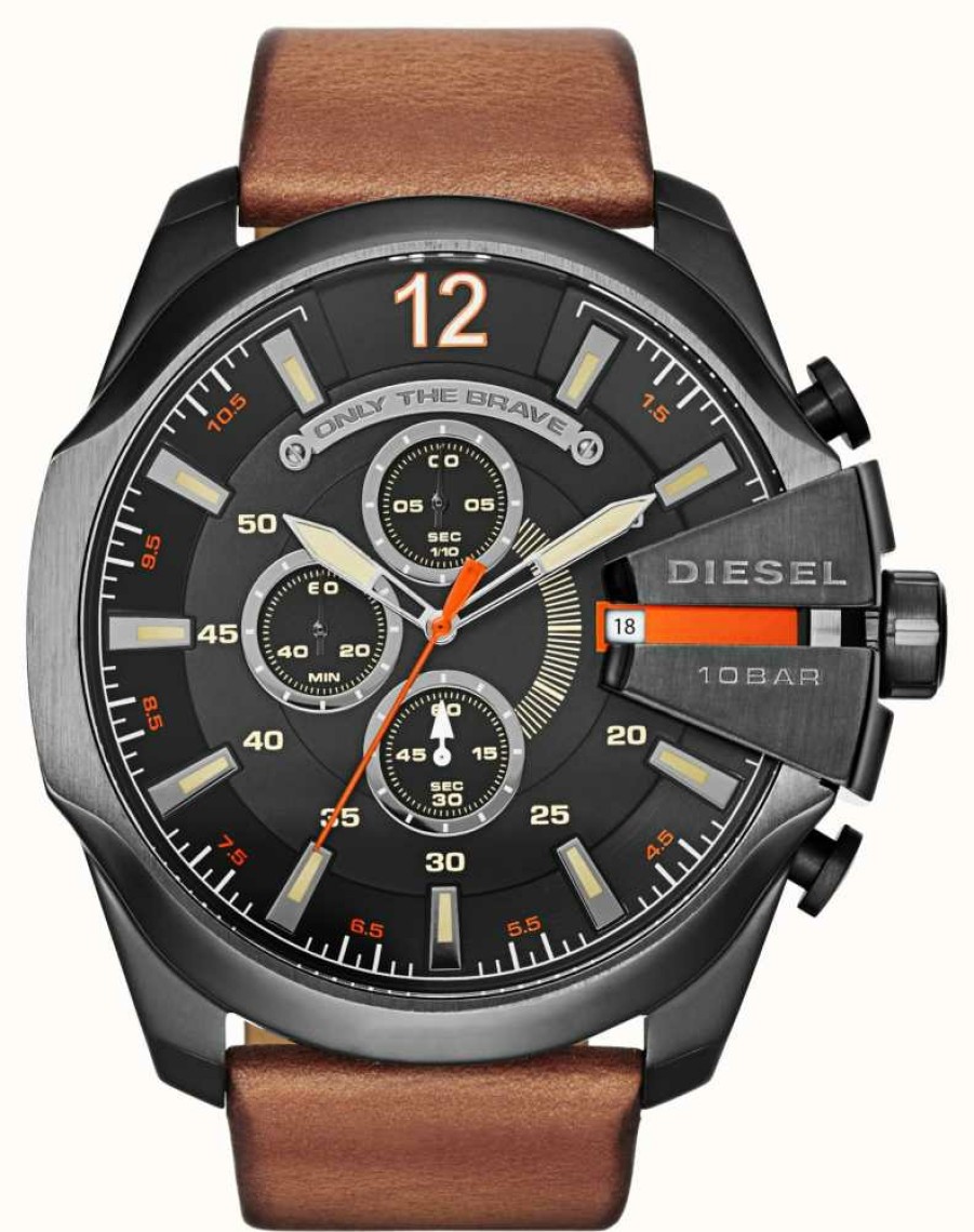 Men'S Diesel | Diesel Men'S Mega Chief Black Tan Chronograph Watch