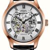 Men'S Rotary | Rotary Men'S Skeleton Automatic Rose Gold Black Strap