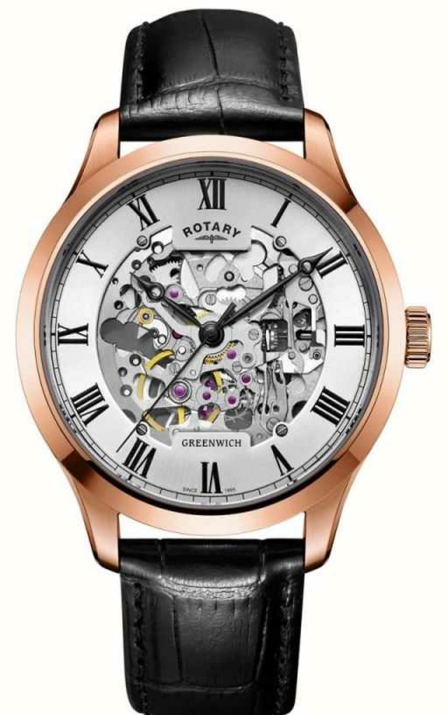 Men'S Rotary | Rotary Men'S Skeleton Automatic Rose Gold Black Strap