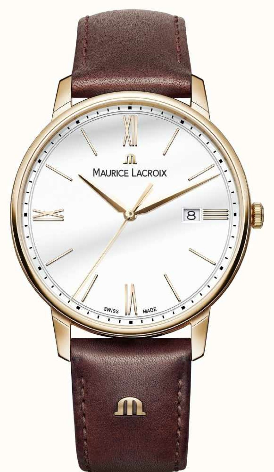 Men'S Maurice Lacroix | Maurice Lacroix Men'S White Round Dial Brown Leather Strap