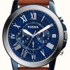 Men'S Fossil | Fossil Men'S Grant | Blue Chronograph Dial | Brown Leather Strap