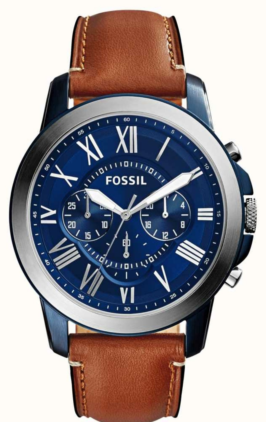 Men'S Fossil | Fossil Men'S Grant | Blue Chronograph Dial | Brown Leather Strap