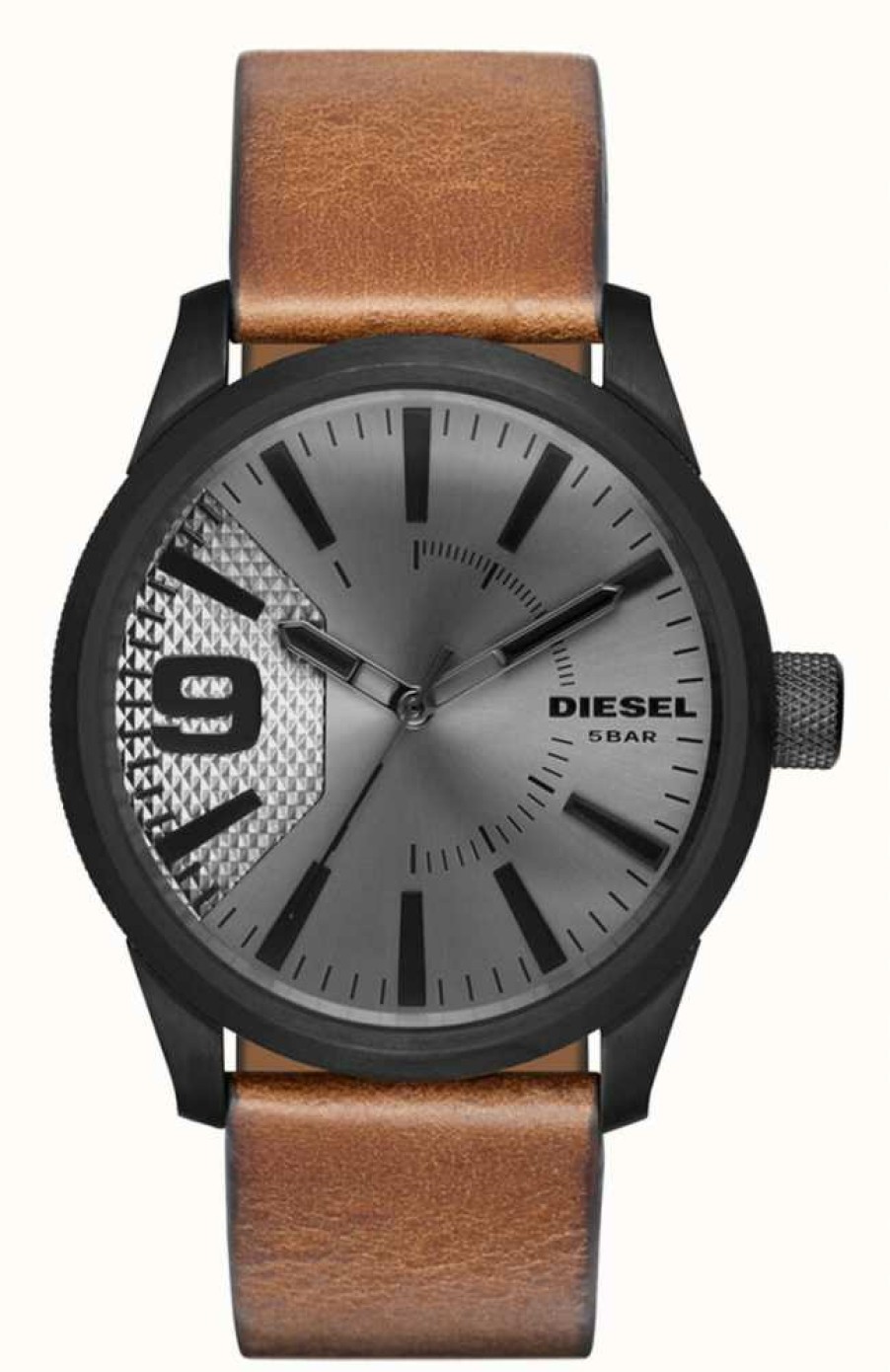 Men'S Diesel | Diesel Men'S Rasp Brown Leather Strap Silver Dial Black Case