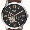 Men'S Fossil | Fossil Men'S Townsman Automatic | Black Dial | Brown Leather Strap