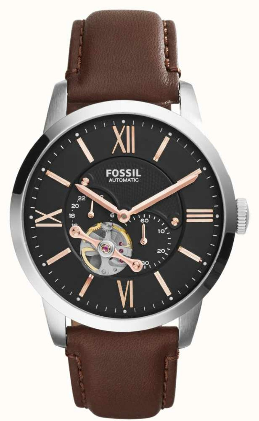 Men'S Fossil | Fossil Men'S Townsman Automatic | Black Dial | Brown Leather Strap