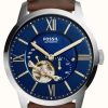 Men'S Fossil | Fossil Men'S Townsman Automatic | Blue Dial | Brown Leather Strap