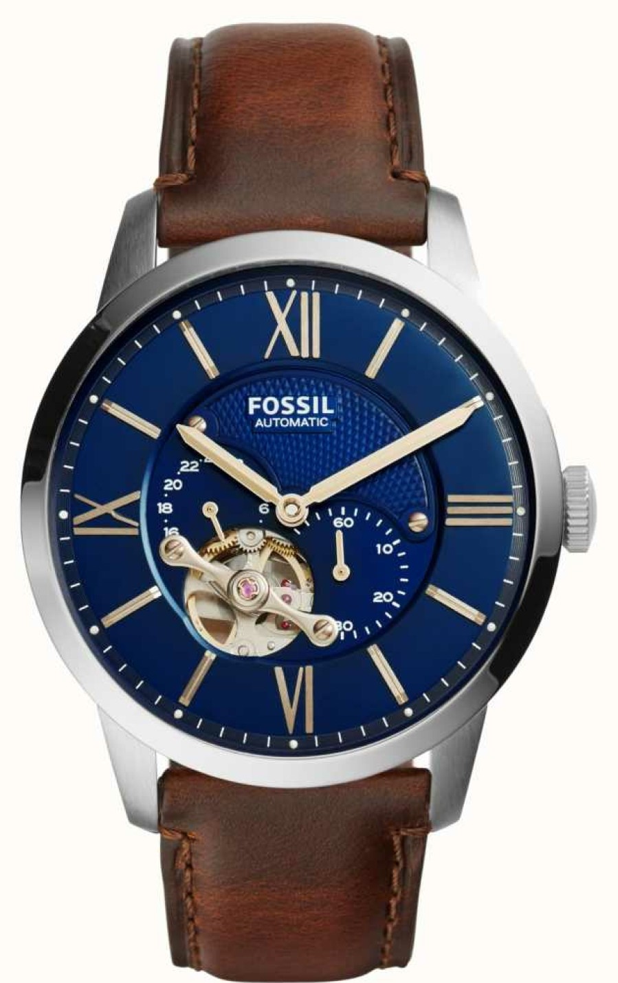 Men'S Fossil | Fossil Men'S Townsman Automatic | Blue Dial | Brown Leather Strap