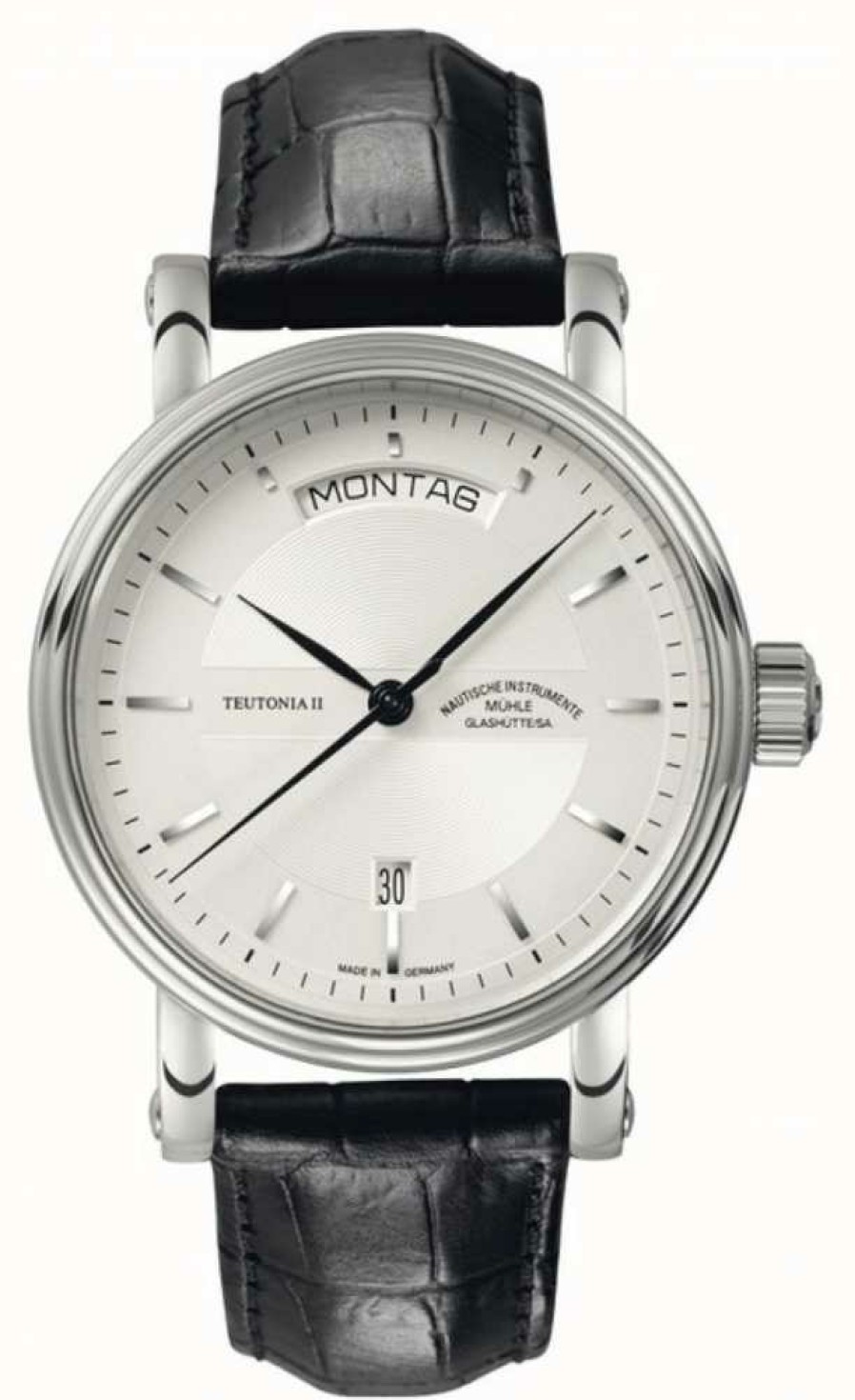 Men'S Muhle Glashutte | Muhle Glashutte Teutonia Ii Tag/Datum Leather Band Silver Dial