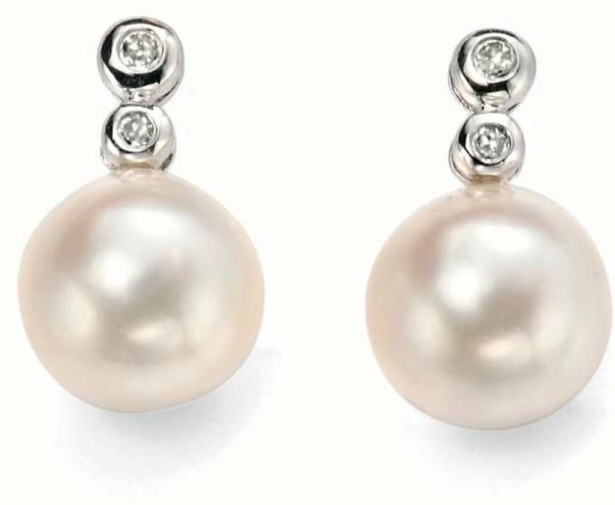 Jewelry Elements Gold | Elements Gold 9Ct White Gold Diamond And Pearl Drop Earrings