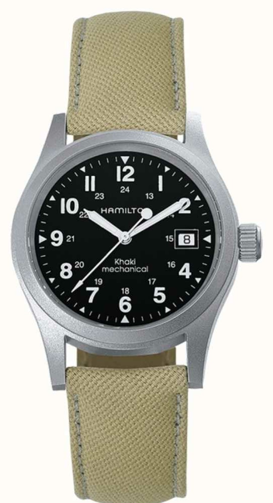 Men'S Hamilton | Hamilton Khaki Field Officer Mechanical (38Mm) Black Dial / Beige Canvas Strap