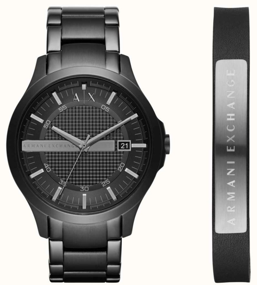 Men'S Armani Exchange | Armani Exchange Men'S Dress Black Steel Bracelet Watch Leather Bracelet Gift