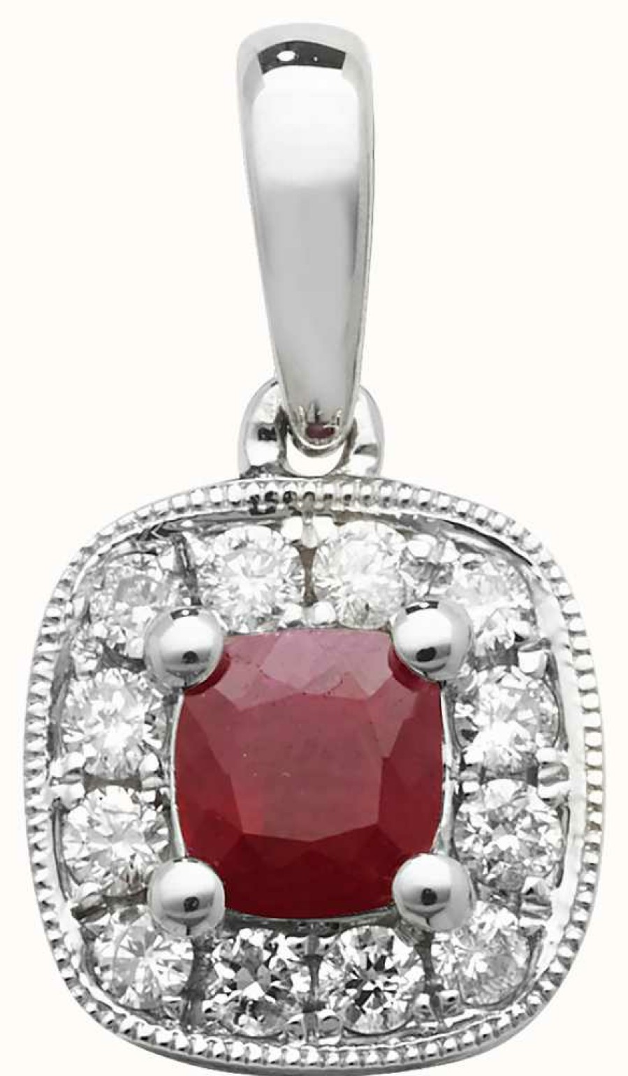 Jewelry James Moore | James Moore Th 9K White Gold Diamond And Ruby Cushion Pendant