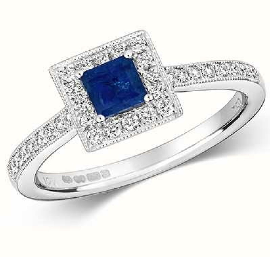 Jewelry James Moore | James Moore Th 9K White Gold Sapphire Square Diamond Cluster Ring