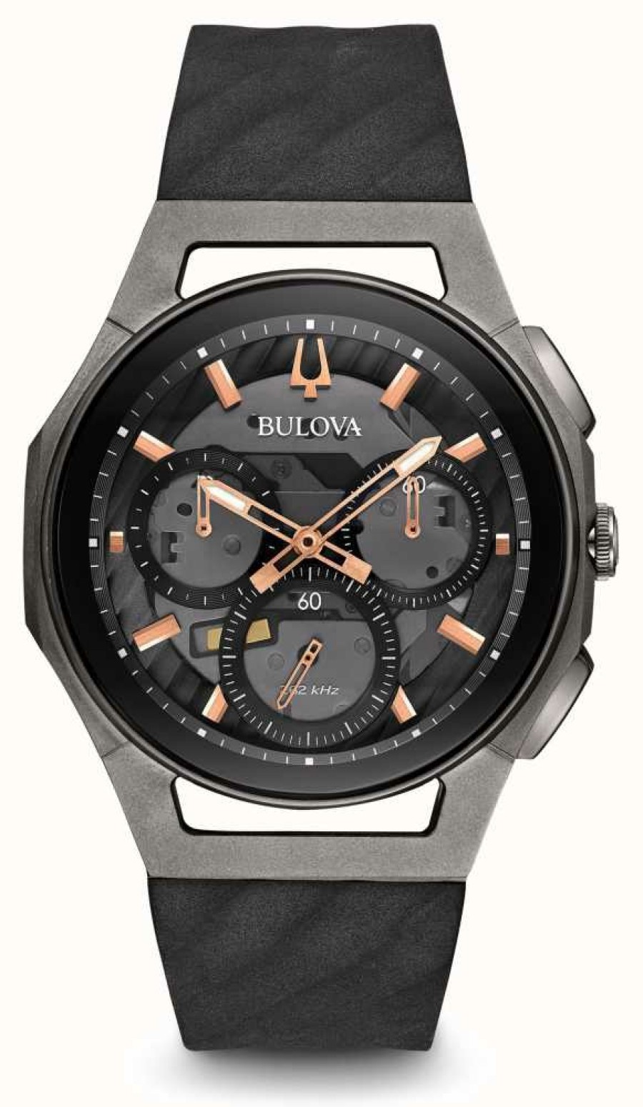 Men'S Bulova | Bulova Men'S Curv Chronograph Black Leather Strap Rose Gold