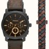 Men'S Fossil | Fossil Men'S Machine Gift Set | Black Chronograph Dial | Brown Leather Strap | Leather Bracelet