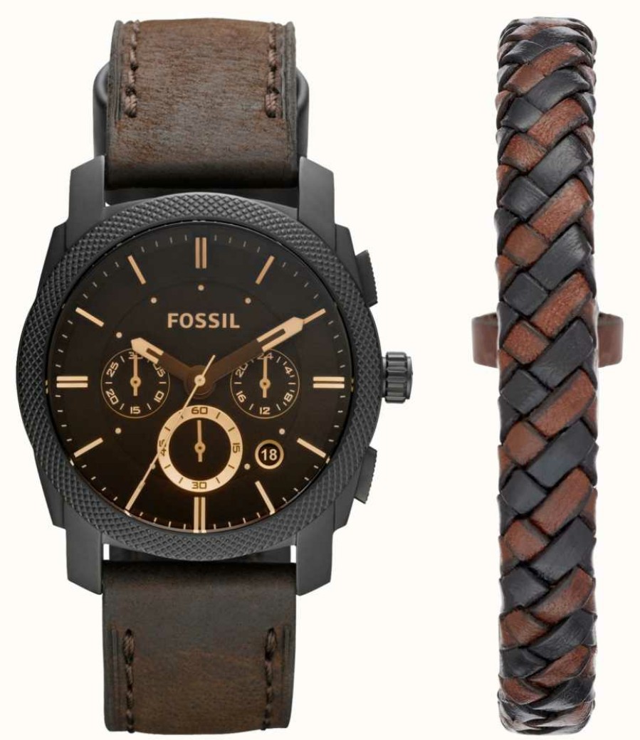 Men'S Fossil | Fossil Men'S Machine Gift Set | Black Chronograph Dial | Brown Leather Strap | Leather Bracelet