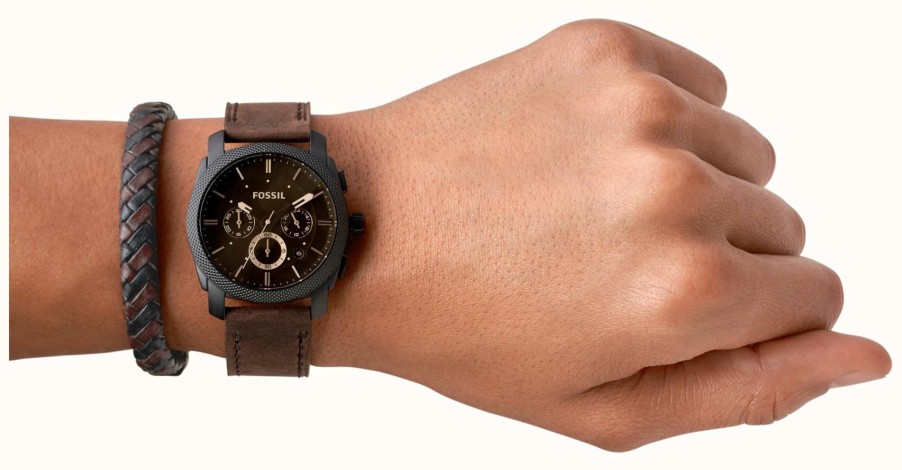 Men'S Fossil | Fossil Men'S Machine Gift Set | Black Chronograph Dial | Brown Leather Strap | Leather Bracelet