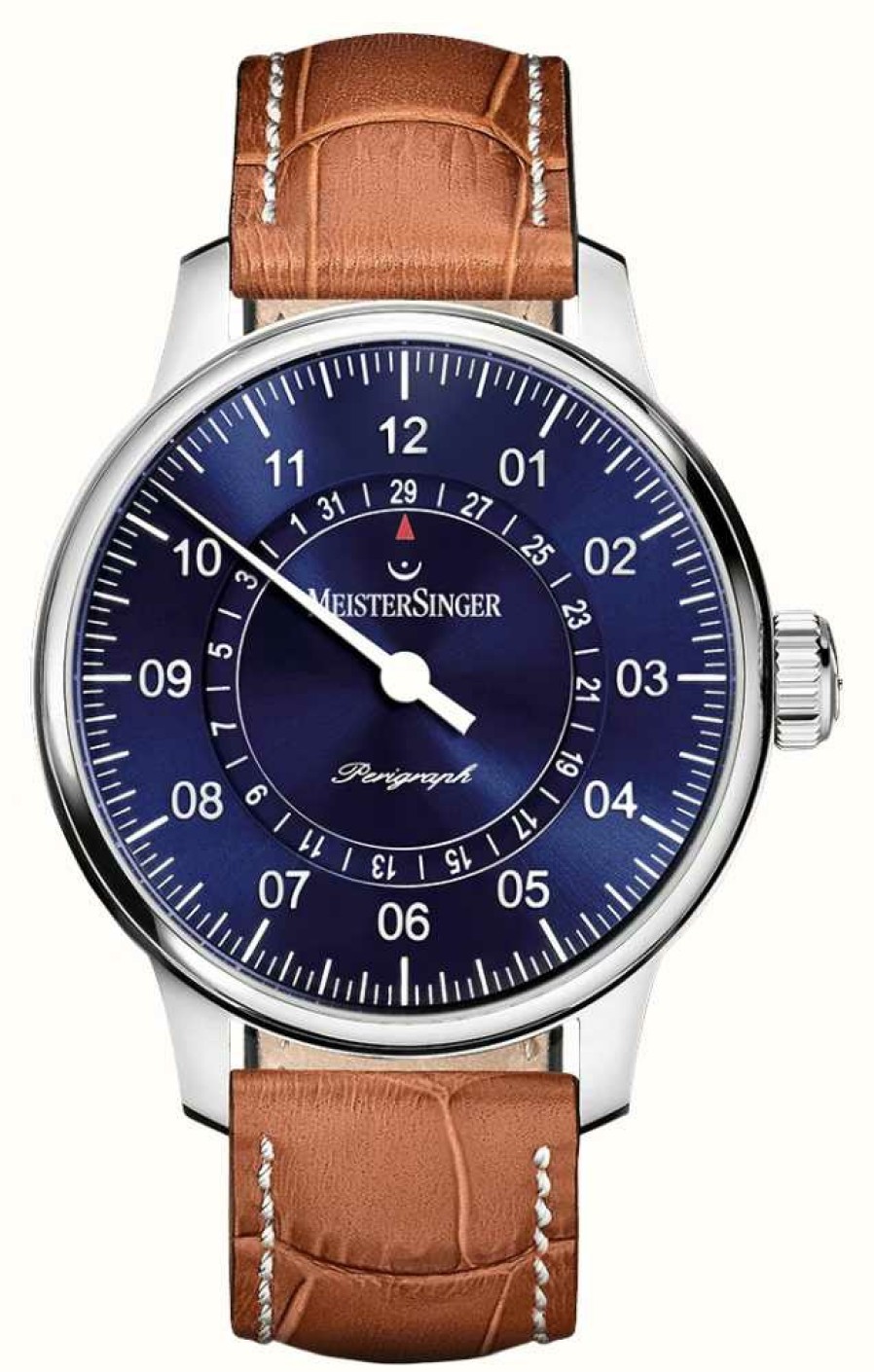 Men'S MeisterSinger | Meistersinger Men'S Classic Plus Perigraph Brown Leather Strap Blue Dial