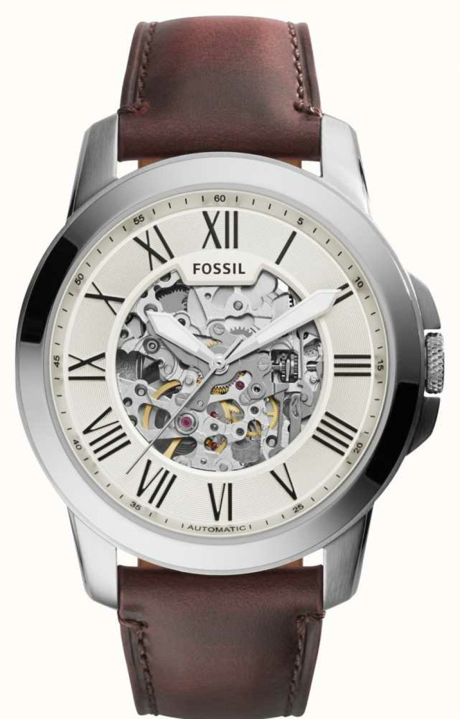 Men'S Fossil | Fossil Men'S Grant Automatic | Skeleton Dial | Brown Leather Strap