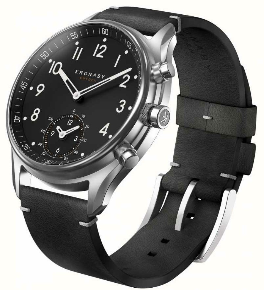 Men'S Kronaby | Kronaby Apex Hybrid Smartwatch (43Mm) Black Dial / Black Italian Leather Strap