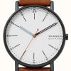 Men'S Skagen | Skagen Men'S Signatur Brown Leather Strap White Dial