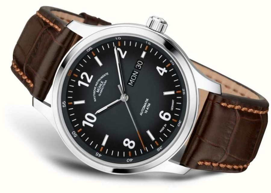 Men'S Muhle Glashutte | Muhle Glashutte Men'S Lunova Automatic Day/Date Titanium Case Brown Leather