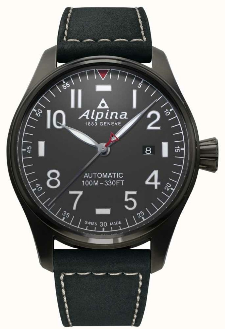 Men'S Alpina | Alpina Startimer Pilot Automatic (44Mm) Dark Grey Dial / Black Leather