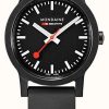 Men'S Mondaine | Mondaine Essence Quartz Black Dial Black Natural Rubber Strap