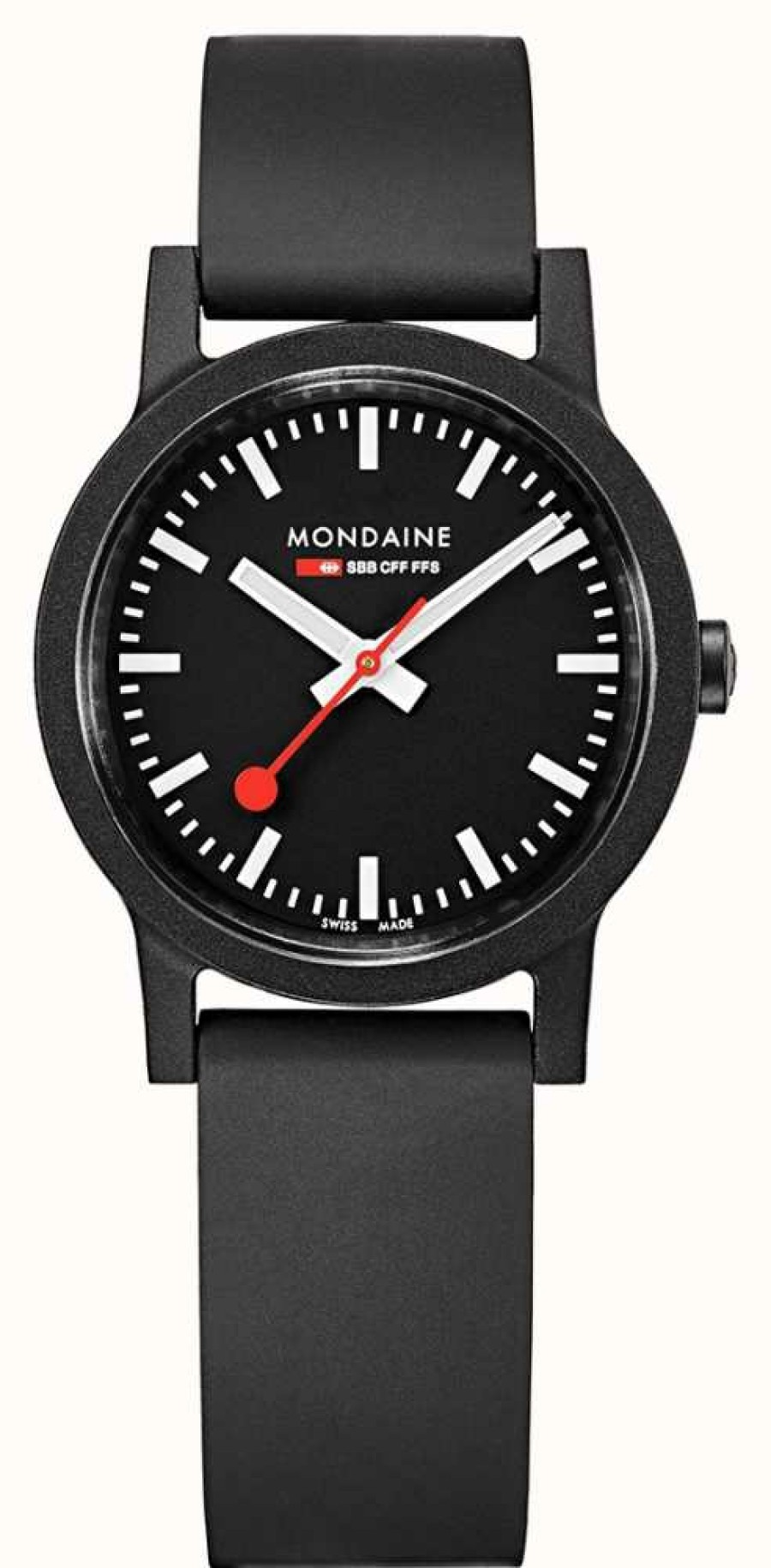 Men'S Mondaine | Mondaine Essence Quartz Black Dial Black Natural Rubber Strap