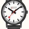 Men'S Mondaine | Mondaine Essence Quartz Black Natural Rubber Strap White Dial