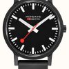 Men'S Mondaine | Mondaine Essence Quartz Black Natural Rubber Strap Black Dial