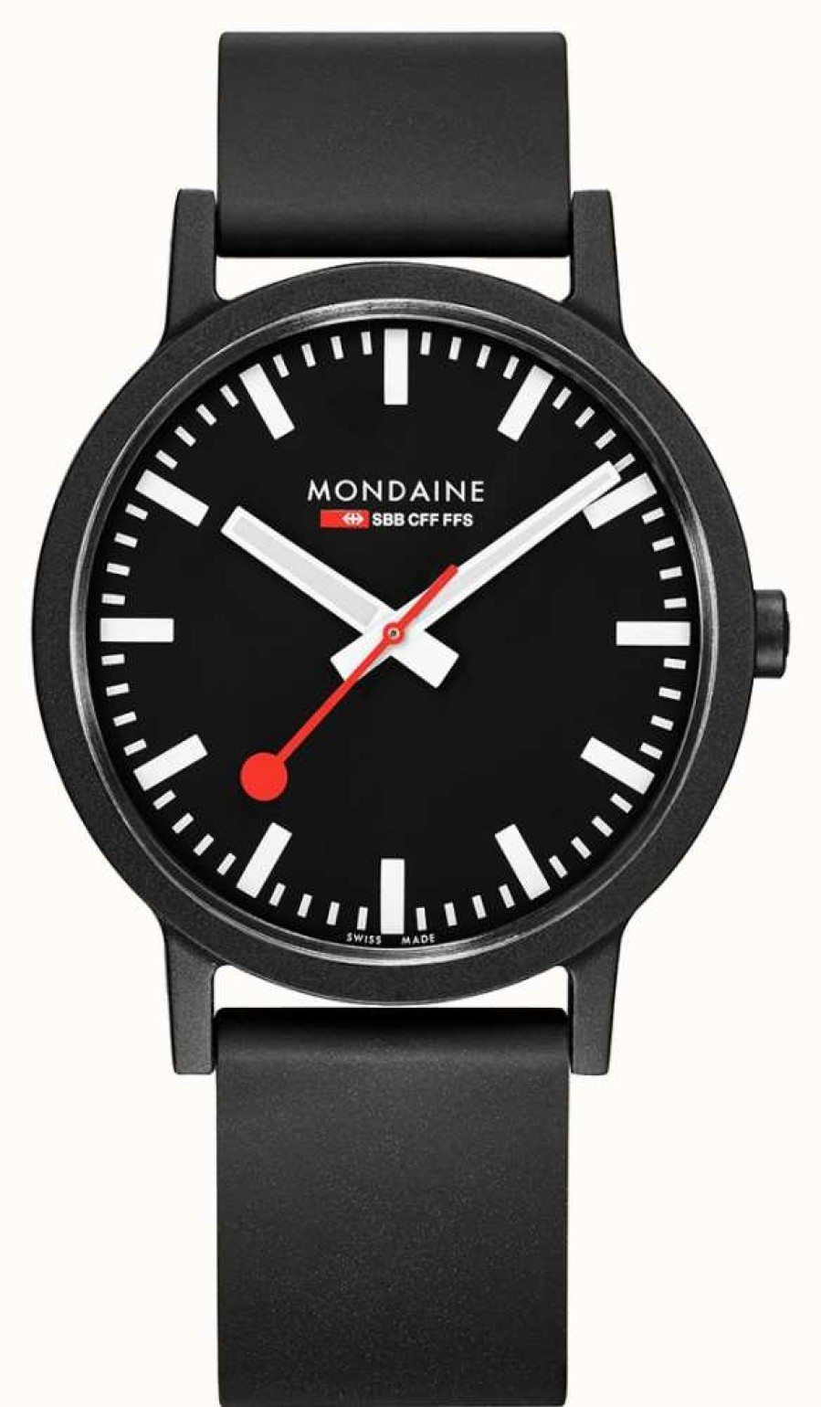 Men'S Mondaine | Mondaine Essence Quartz Black Natural Rubber Strap Black Dial