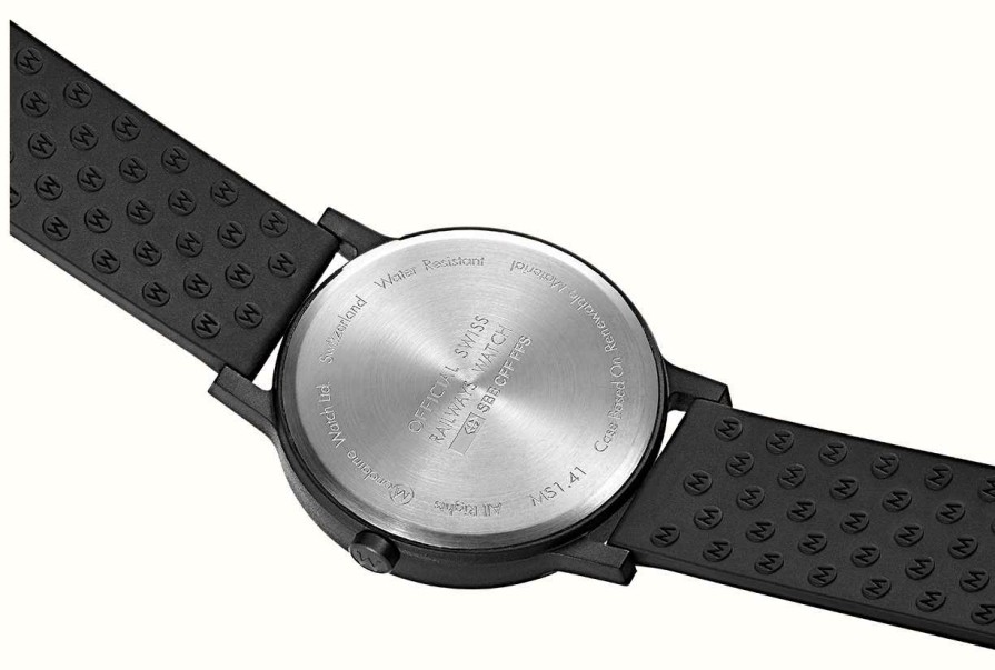 Men'S Mondaine | Mondaine Essence Quartz Black Natural Rubber Strap Black Dial