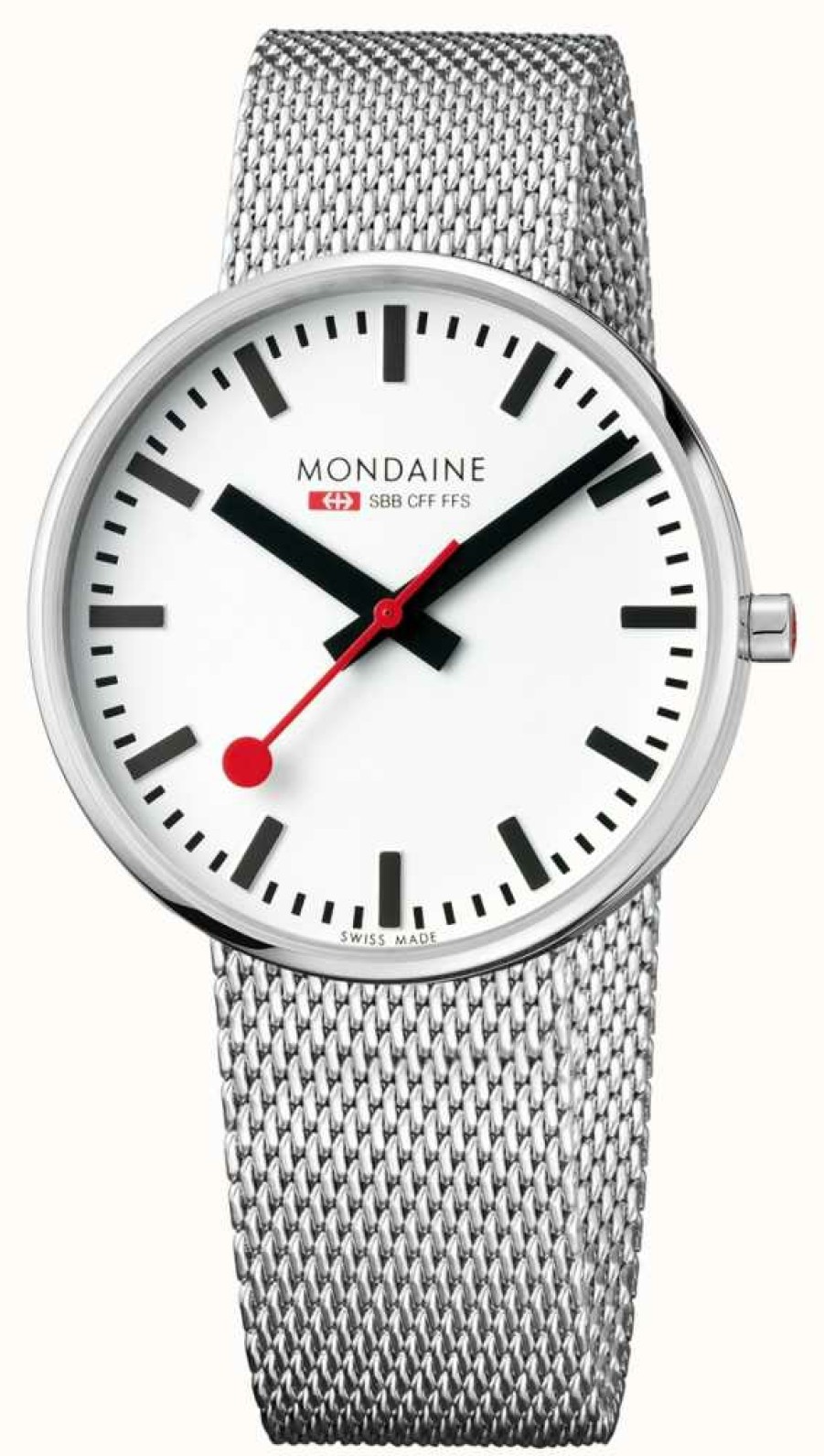 Men'S Mondaine | Mondaine Giant Stainless Steel Mesh Strap White Dial