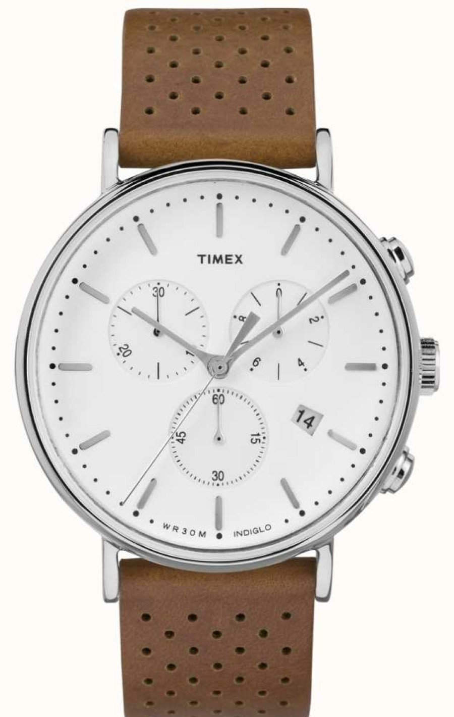 Men'S Timex | Timex Fairfield Chrono Brown Leather Strap/White Dial