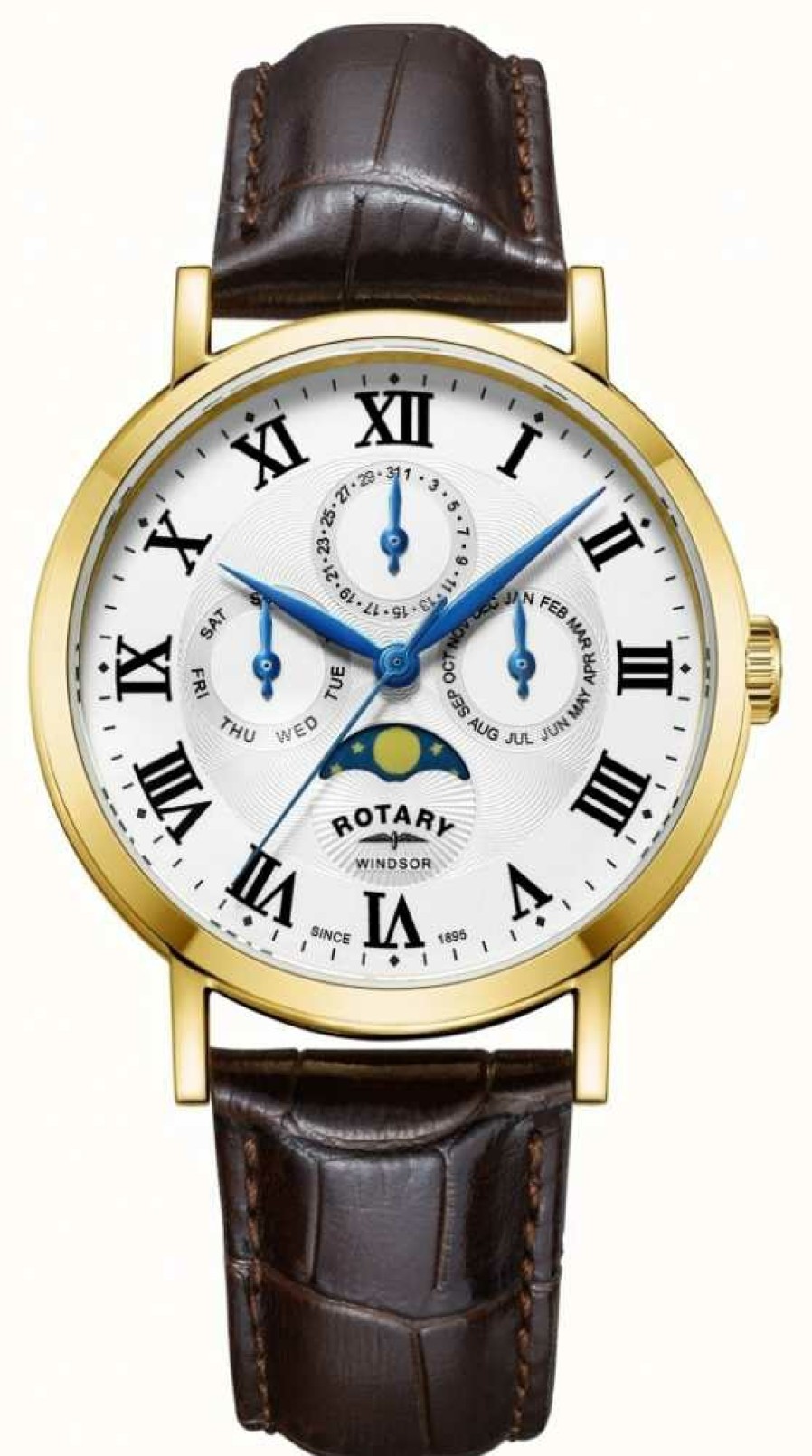 Men'S Rotary | Rotary Men'S Windsor Moonphase Watch Leather Strap