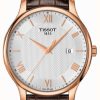 Men'S Tissot | Tissot Men'S Tradition Rose Gold Plated Silver Dial Brown Leather