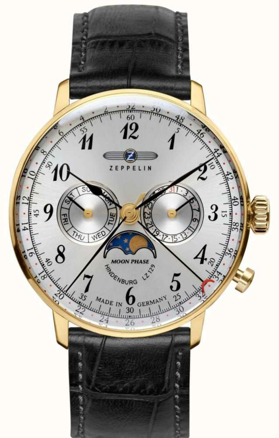 Men'S Zeppelin | Zeppelin Hindenburg Moonphase Yellow Gold Case Hesalite Crystal