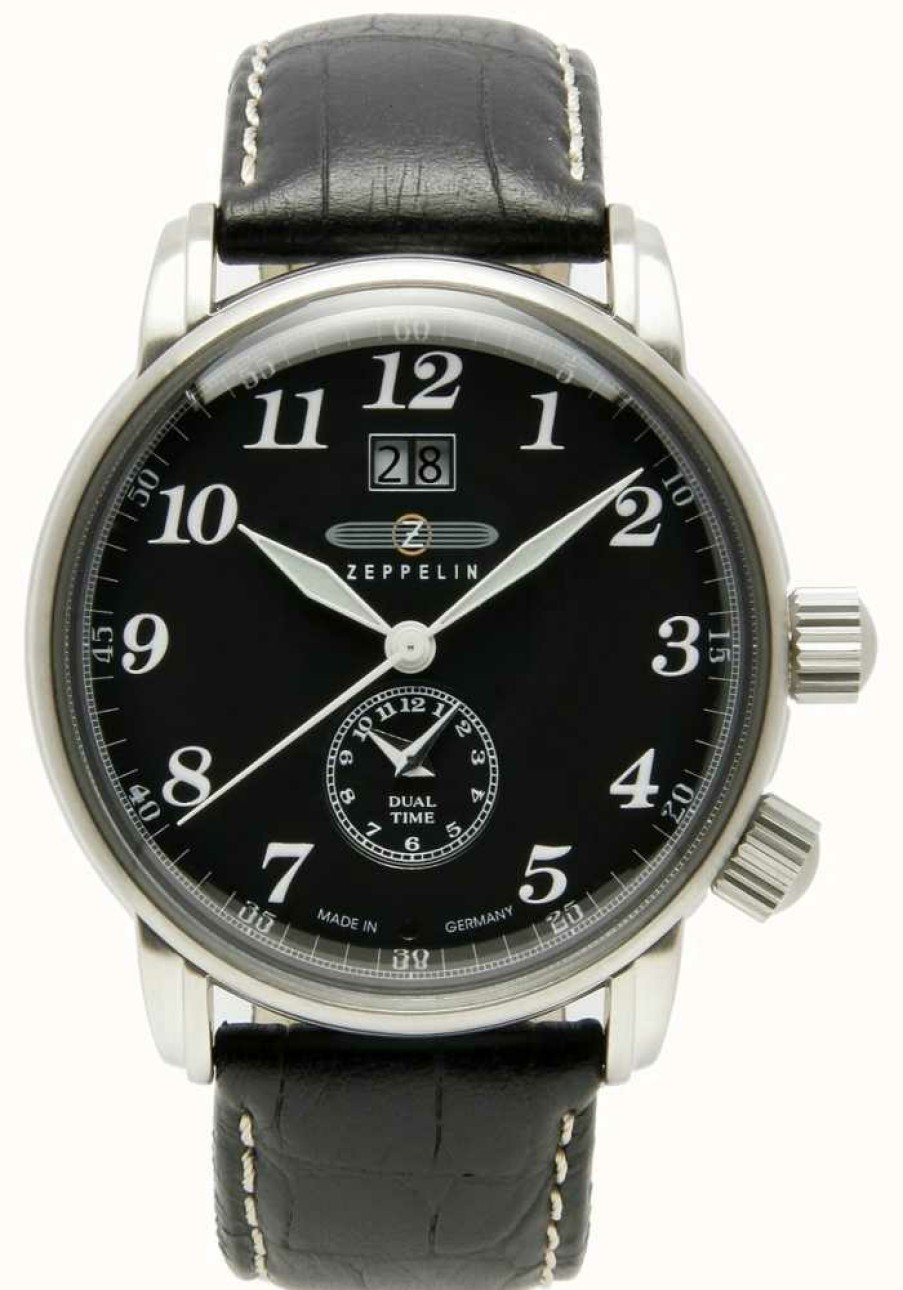 Men'S Zeppelin | Zeppelin Count Dual Time Big Date Display Black Dial Black Leather