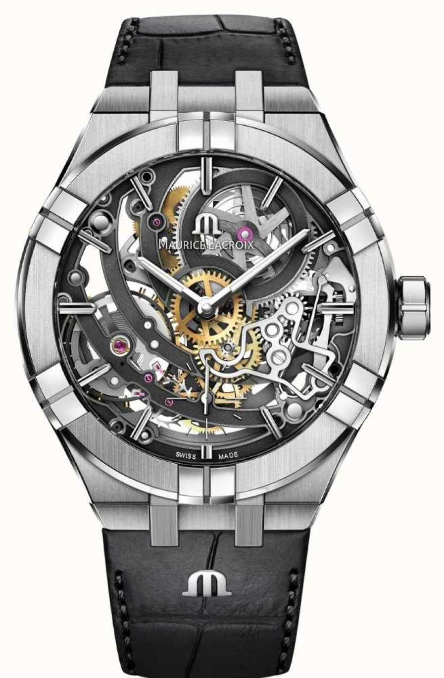 Men'S Maurice Lacroix | Maurice Lacroix Aikon Automatic Skeleton Manufacture (45Mm) Skeleton Dial / Black Leather