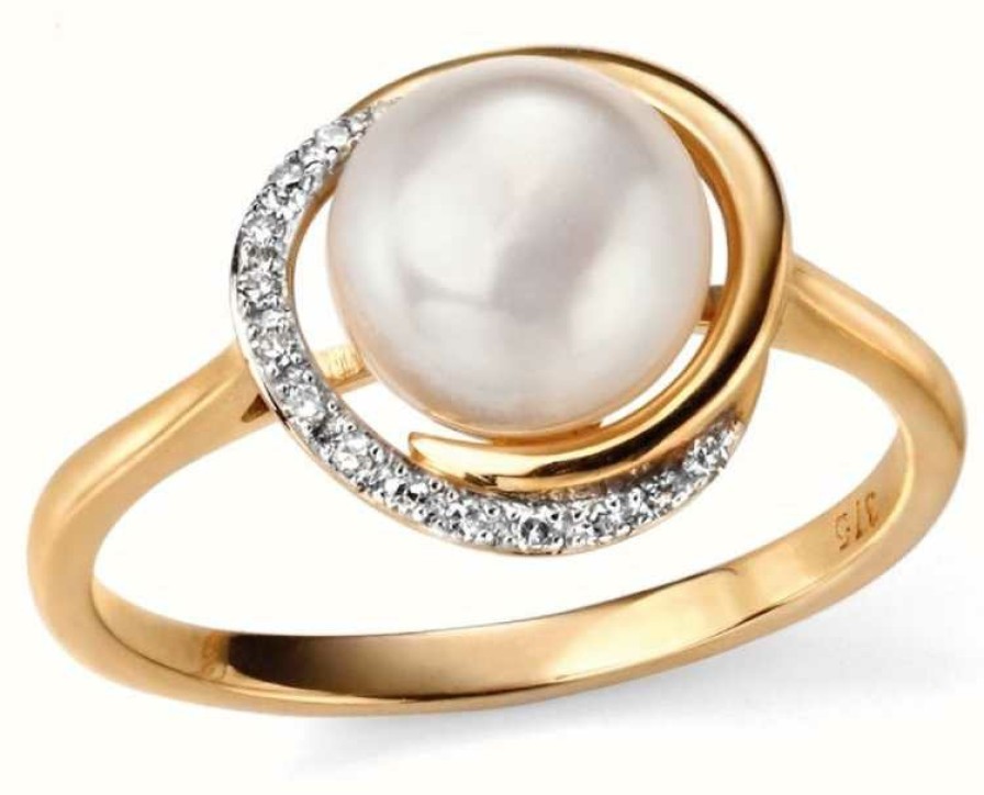 Jewelry Elements Gold | Elements Gold 9K Yellow Gold Diamond Pearl Ring