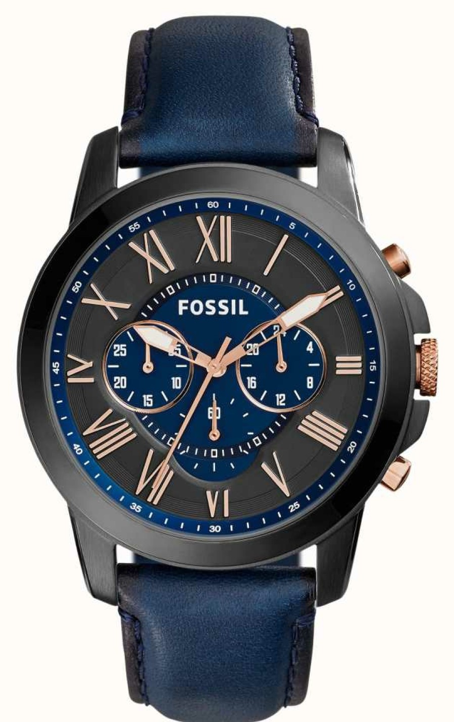 Men'S Fossil | Fossil Men'S Grant | Blue Dial | Blue Leather Strap