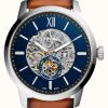 Men'S Fossil | Fossil Men'S Townsman Automatic | Blue Open Heart Dial | Brown Leather Strap