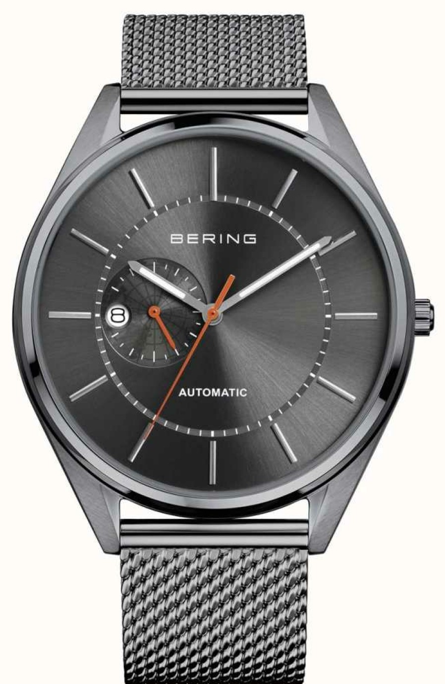 Men'S Bering | Bering Automatic Date Display Grey Dial Stainless Steel Mesh Strap