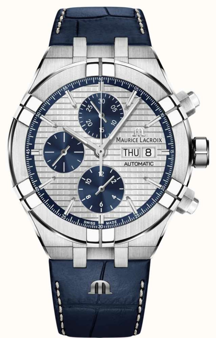 Men'S Maurice Lacroix | Maurice Lacroix Aikon Automatic Chronograph Day/Date (44Mm) Silver Dial / Blue Leather