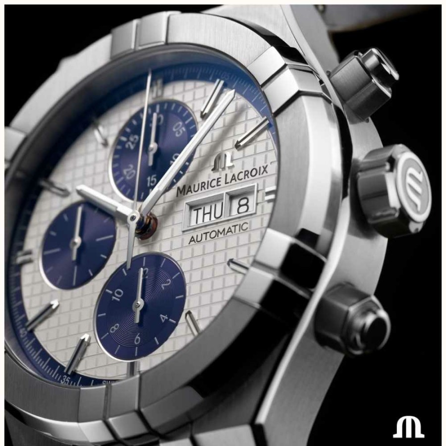 Men'S Maurice Lacroix | Maurice Lacroix Aikon Automatic Chronograph Day/Date (44Mm) Silver Dial / Blue Leather