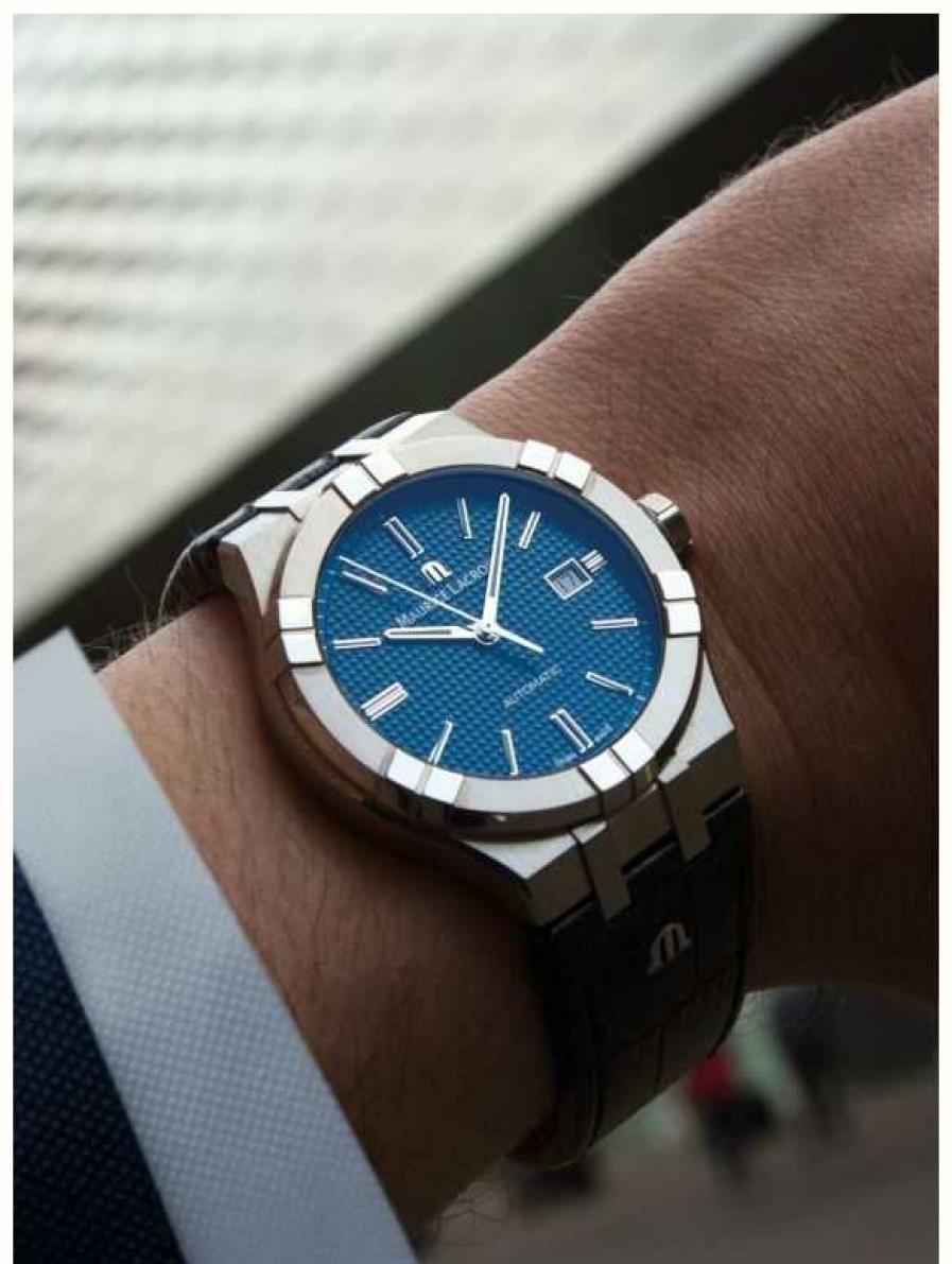 Men'S Maurice Lacroix | Maurice Lacroix Aikon Automatic (42Mm) Blue Clous De Paris Dial / Stainless Steel