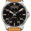 Men'S Hamilton | Hamilton Khaki Aviation Day-Date Automatic (42Mm) Black Dial / Tan-Brown Leather Strap