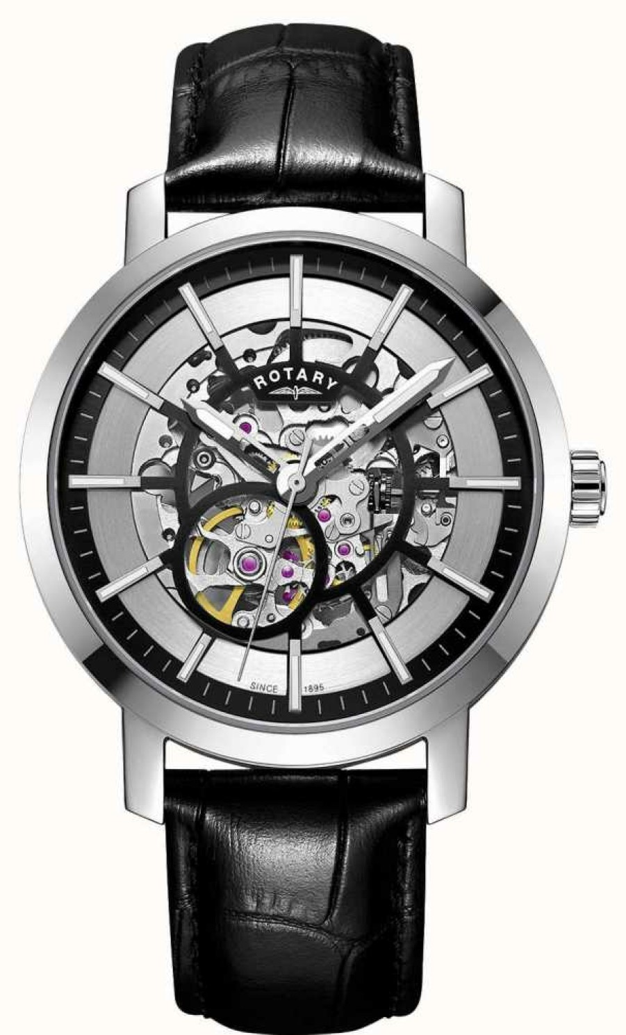 Men'S Rotary | Rotary Men'S Greenwich Black Leather Strap Skeleton Watch